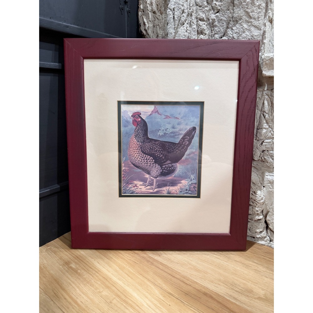 Ludlow Hen Poultry Print Framed Vintage‎ Farmhouse Decor Burgundy Wood 17.5x15.5